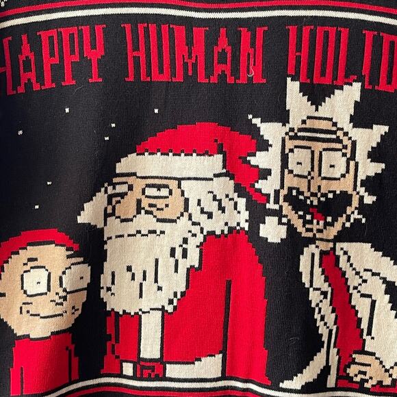 Ripple Junction Rick and Morty HAPPY HUMAN HOLIDAY Ugly Christmas Sweater Sz S - Picture 2 of 5